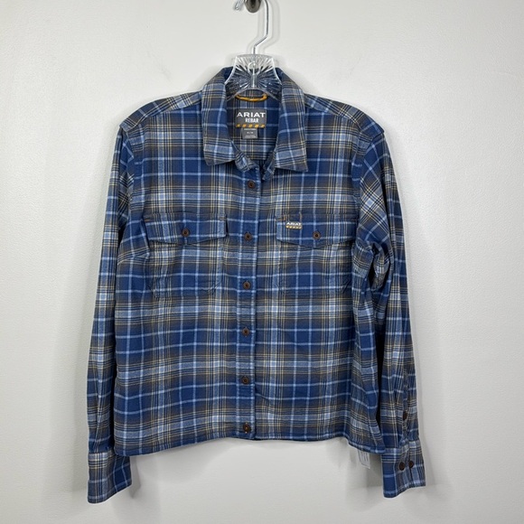 Ariat Rebar Blue and White Casual Button Down Plaid Work Shirt Women's Size M - Picture 1 of 8